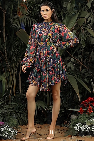 Navy Blue Printed Mini Dress by Baise Gaba