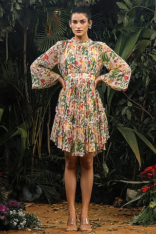 Off White Printed Mini Dress by Baise Gaba