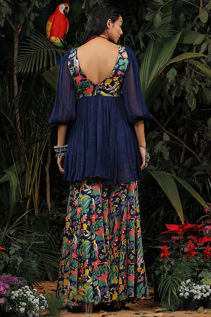 Navy Blue Modal Satin & Chiffon Gharara Set by Baise Gaba at Pernia's Pop Up Shop