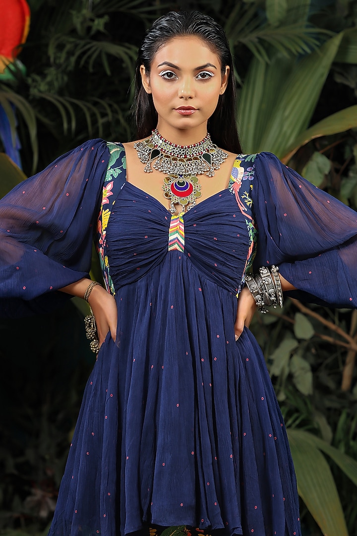 Navy Blue Modal Satin & Chiffon Gharara Set by Baise Gaba at Pernia's Pop Up Shop