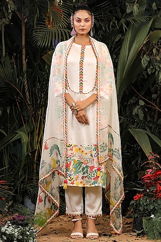 White Modal Satin Gathered Kurta Set by Baise Gaba