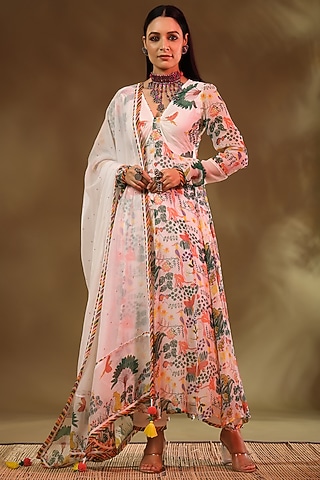 White Chiffon Paneled Anarkali  by Baise Gaba