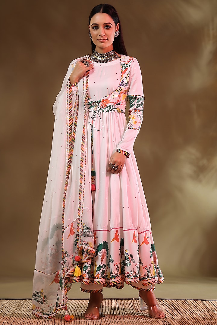 White Modal Satin Party Wear Anarkali Set by Baise Gaba at Pernia's Pop Up Shop
