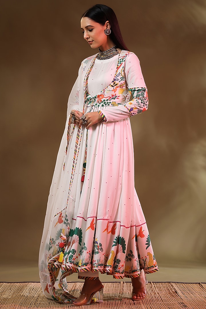 White Modal Satin Party Wear Anarkali Set by Baise Gaba at Pernia's Pop Up Shop