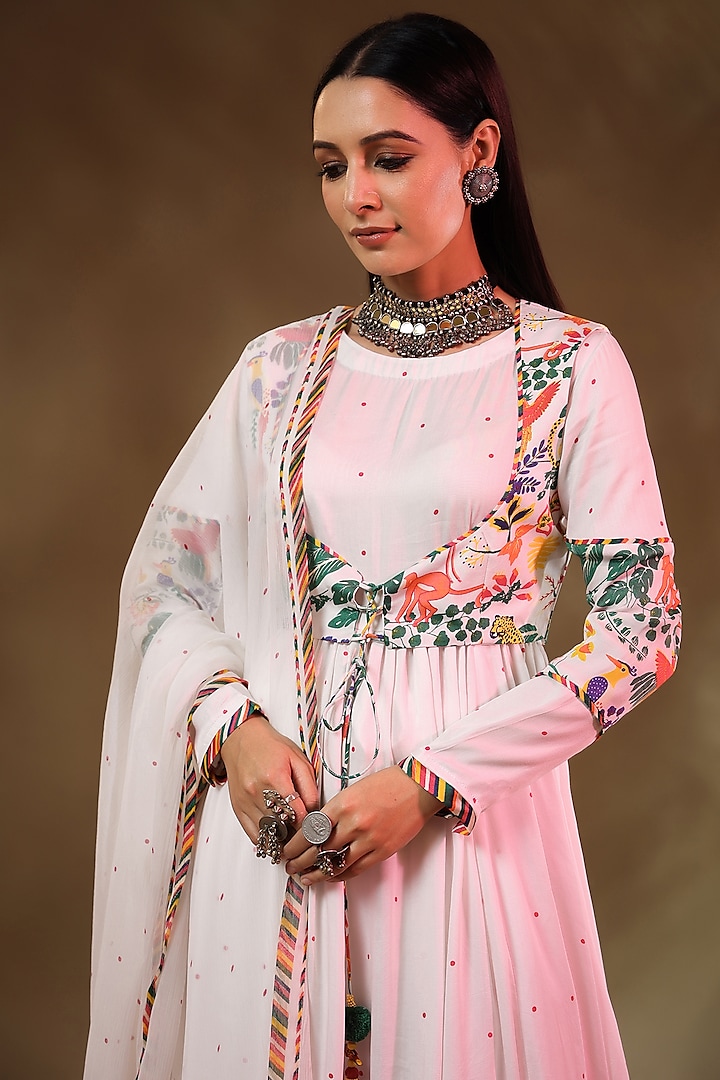 White Modal Satin Party Wear Anarkali Set by Baise Gaba at Pernia's Pop Up Shop