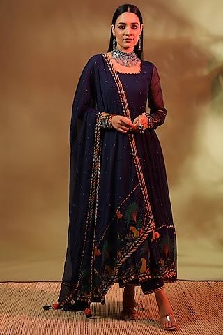 Blue Chiffon Paneled Anarkali Set by Baise Gaba