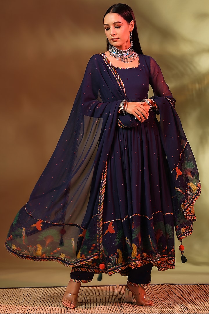 Blue Chiffon Paneled Anarkali Set by Baise Gaba at Pernia's Pop Up Shop