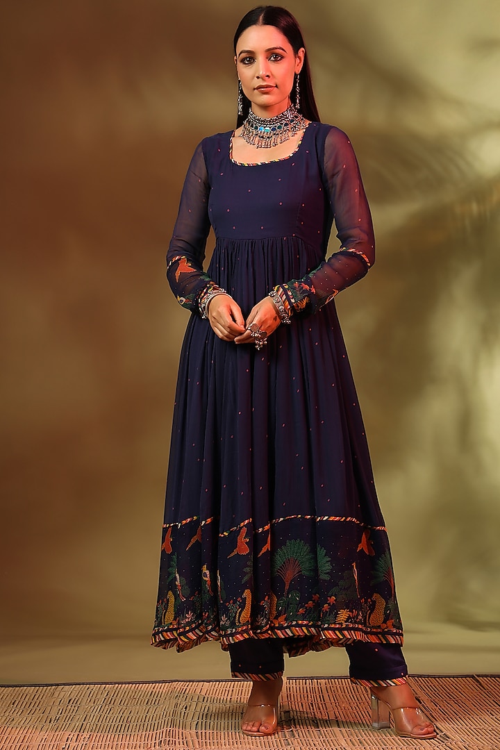 Blue Chiffon Paneled Anarkali Set by Baise Gaba at Pernia's Pop Up Shop