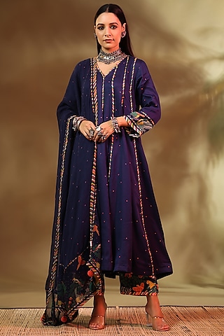 Blue Modal Satin Anarkali Set by Baise Gaba