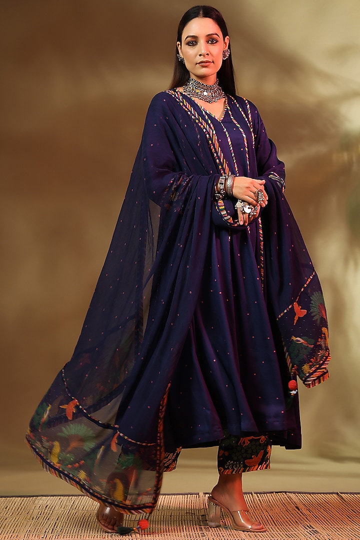Blue Modal Satin Anarkali Set by Baise Gaba at Pernia's Pop Up Shop