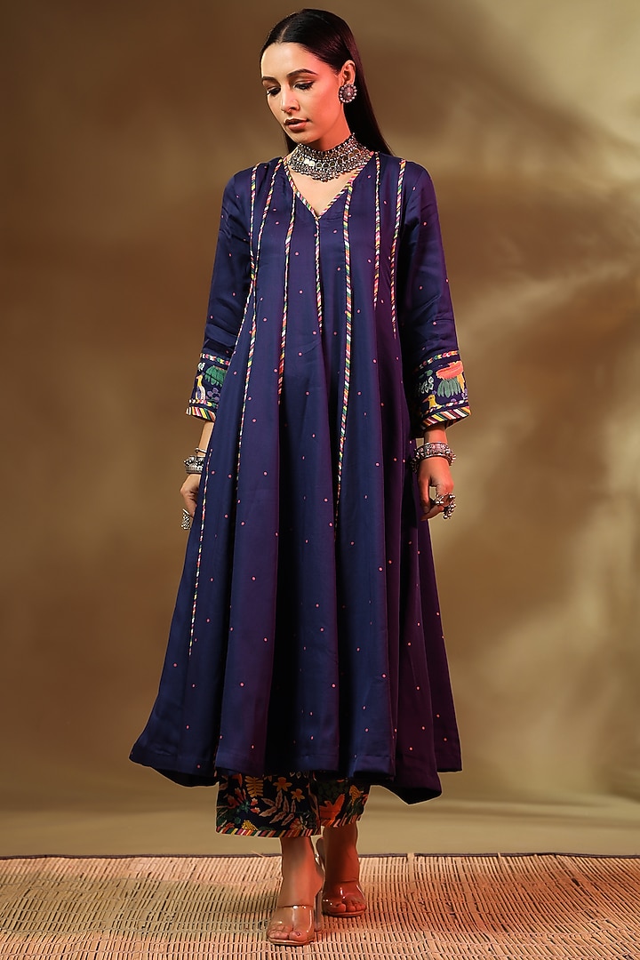 Blue Modal Satin Anarkali Set by Baise Gaba at Pernia's Pop Up Shop