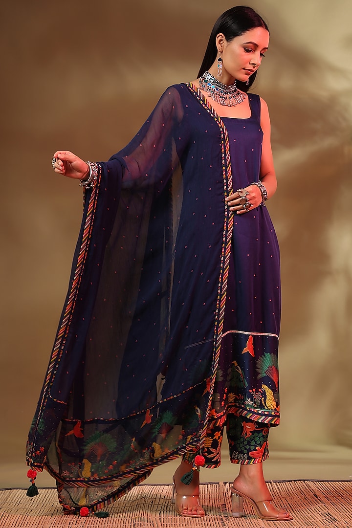 Blue Modal Satin Kurta Set by Baise Gaba at Pernia's Pop Up Shop