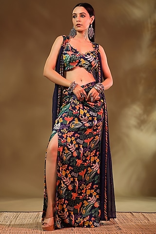 Blue Modal Satin Asymmetrical Skirt Set by Baise Gaba