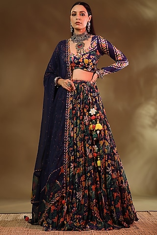 Blue Chiffon Tiered Lehenga Set by Baise Gaba