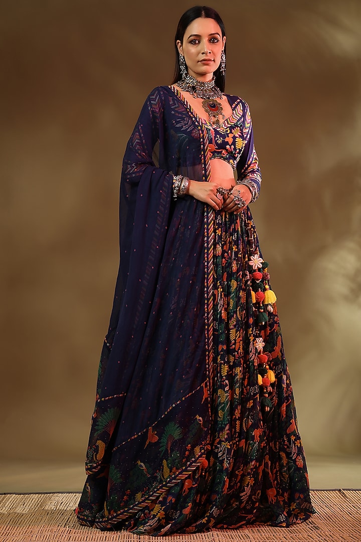 Blue Chiffon Tiered Lehenga Set by Baise Gaba at Pernia's Pop Up Shop