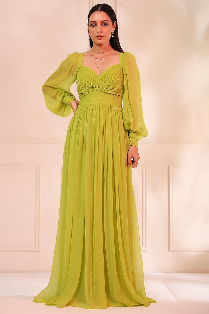 Lime Green Chiffon Maxi Dress by Baise Gaba