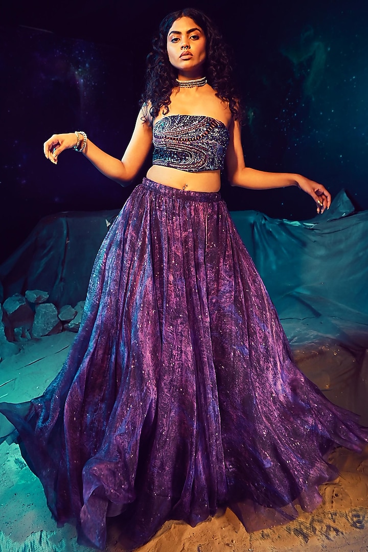 Purple & Multi-Colored Silk Organza Celestial Printed Wedding Lehenga Set by Baise Gaba at Pernia's Pop Up Shop