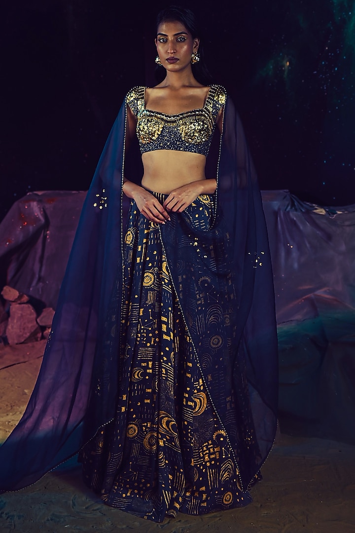 Navy Blue Dull Satin Abstract Printed Wedding Lehenga Set by Baise Gaba at Pernia's Pop Up Shop