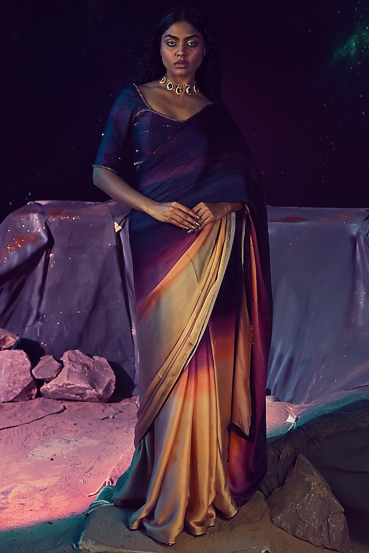 Multi-Colored Ombre Georgette Satin Saree Set by Baise Gaba at Pernia's Pop Up Shop