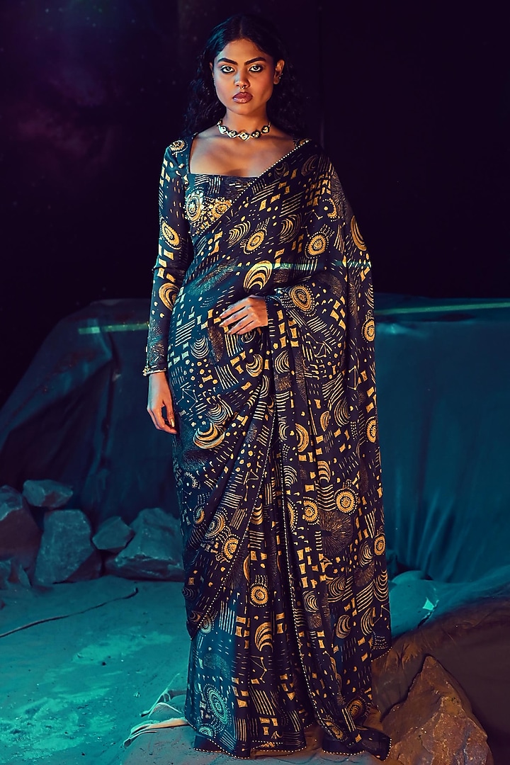 Navy Blue & Golden Georgette Satin Bead Work Saree Set by Baise Gaba at Pernia's Pop Up Shop