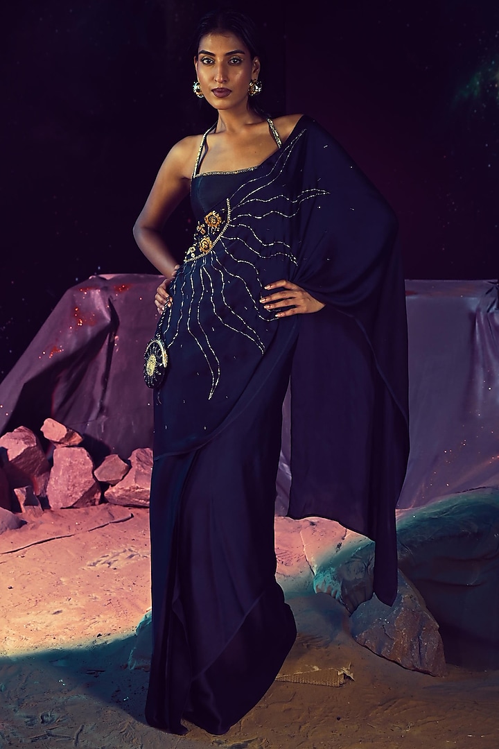 Navy Blue Georgette Satin Pre-Draped Saree Set by Baise Gaba at Pernia's Pop Up Shop