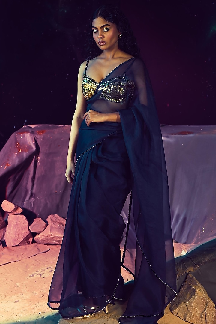 Navy Blue Pure Organza Sheer Saree Set by Baise Gaba at Pernia's Pop Up Shop