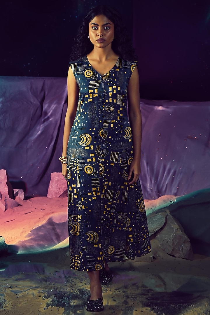 Navy Blue Dull Satin Abstract Printed Midi Dress by Baise Gaba at Pernia's Pop Up Shop