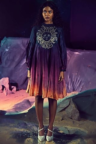 Multi-Colored Georgette Satin Ombre Printed Knee-Length Dress by Baise Gaba