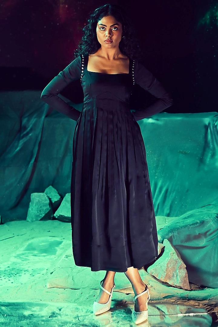 Black Satin Organza Handwork Dress by Baise Gaba at Pernia's Pop Up Shop