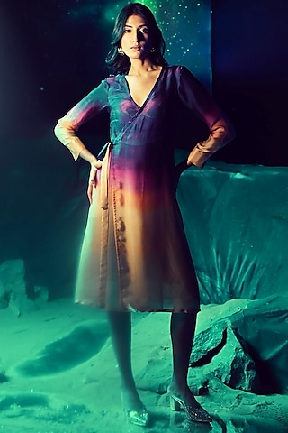 Multi-Colored Georgette Satin Ombre Wrap Dress by Baise Gaba