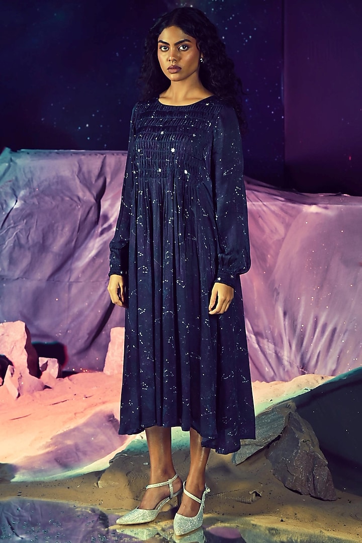 Purple Georgette Satin Celestial Printed Midi Dress by Baise Gaba at Pernia's Pop Up Shop