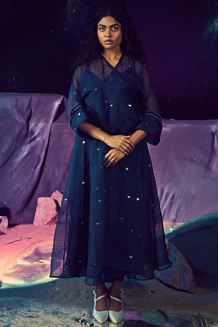 Navy Blue Silk Organza Handwork Kurta Dress by Baise Gaba at Pernia's Pop Up Shop