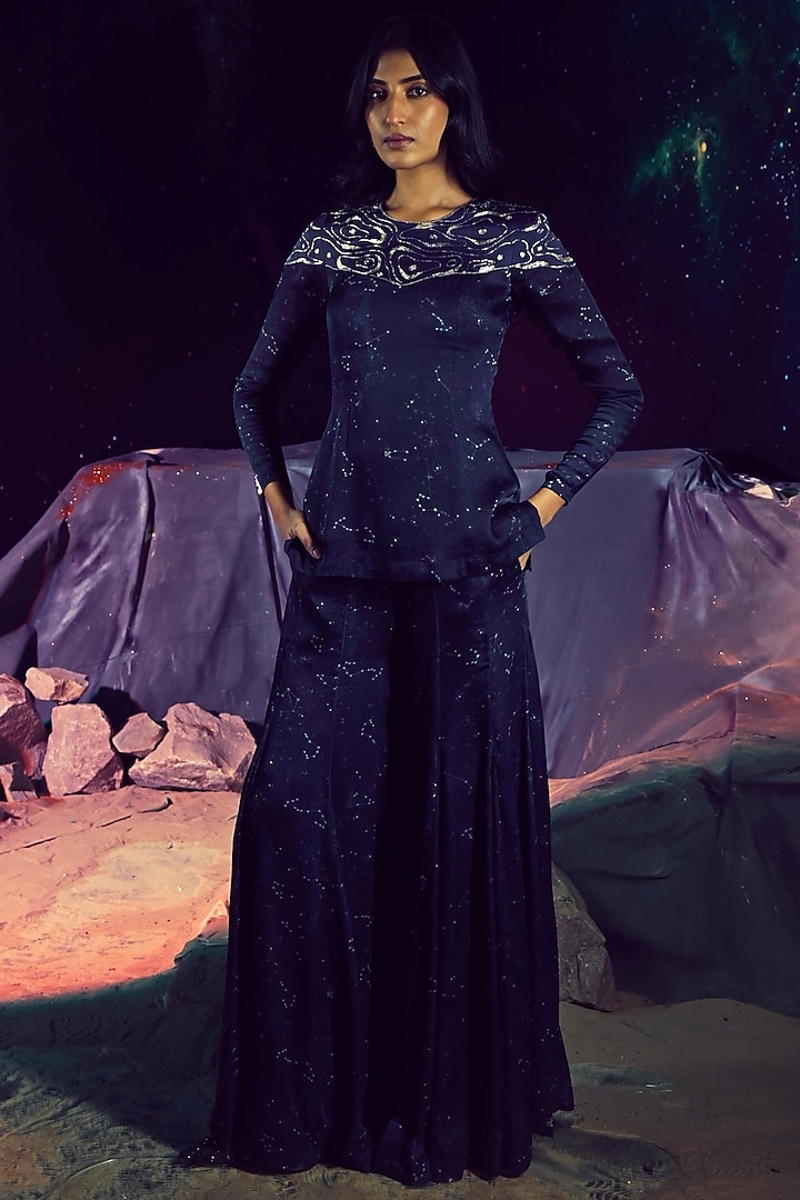 Navy Blue Georgette Satin Printed Gharara Set by Baise Gaba at Pernia's Pop Up Shop