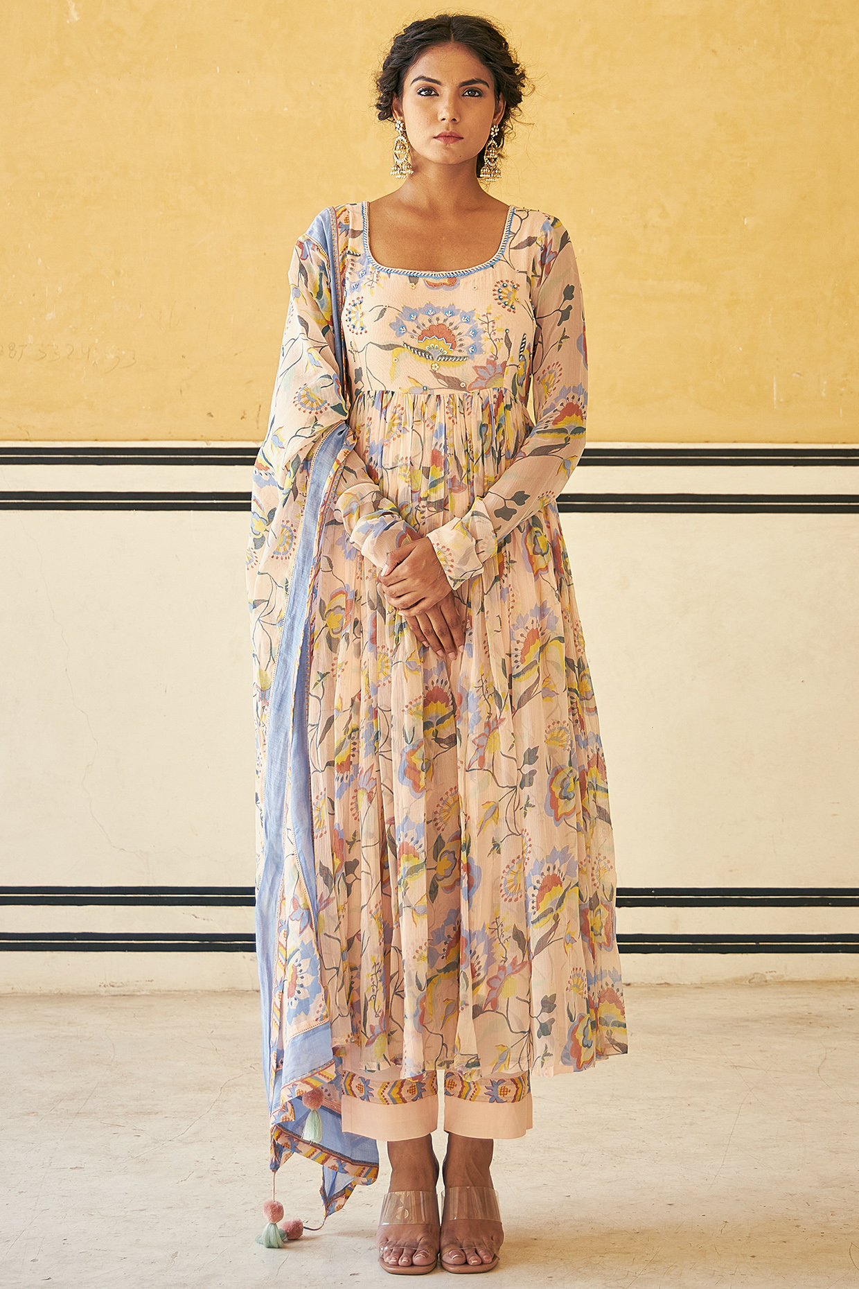 Blush Peach Embroidered Gherdaar Anarkali Set by Baise Gaba