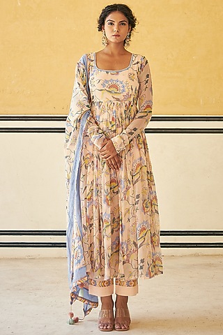 Blush Peach Embroidered Gherdaar Anarkali Set by Baise Gaba