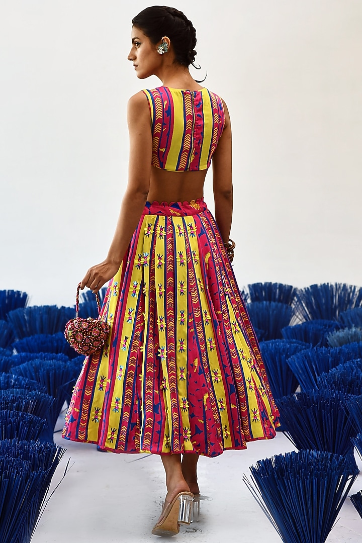 Pink Modal Satin Striped Printed Wedding Lehenga Set by Baise Gaba at Pernia's Pop Up Shop