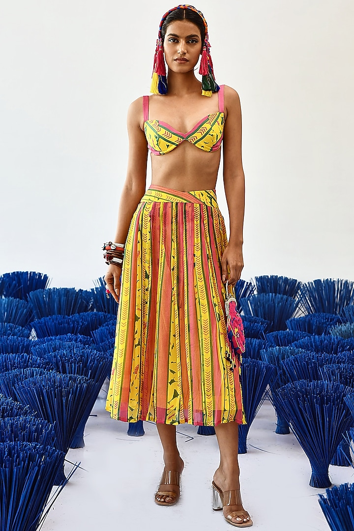 Yellow Chiffon Box Pleated Midi Skirt by Baise Gaba