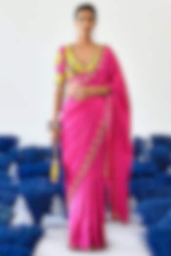 Lavish Pink Satin Organza Embroidered Saree Set by Baise Gaba