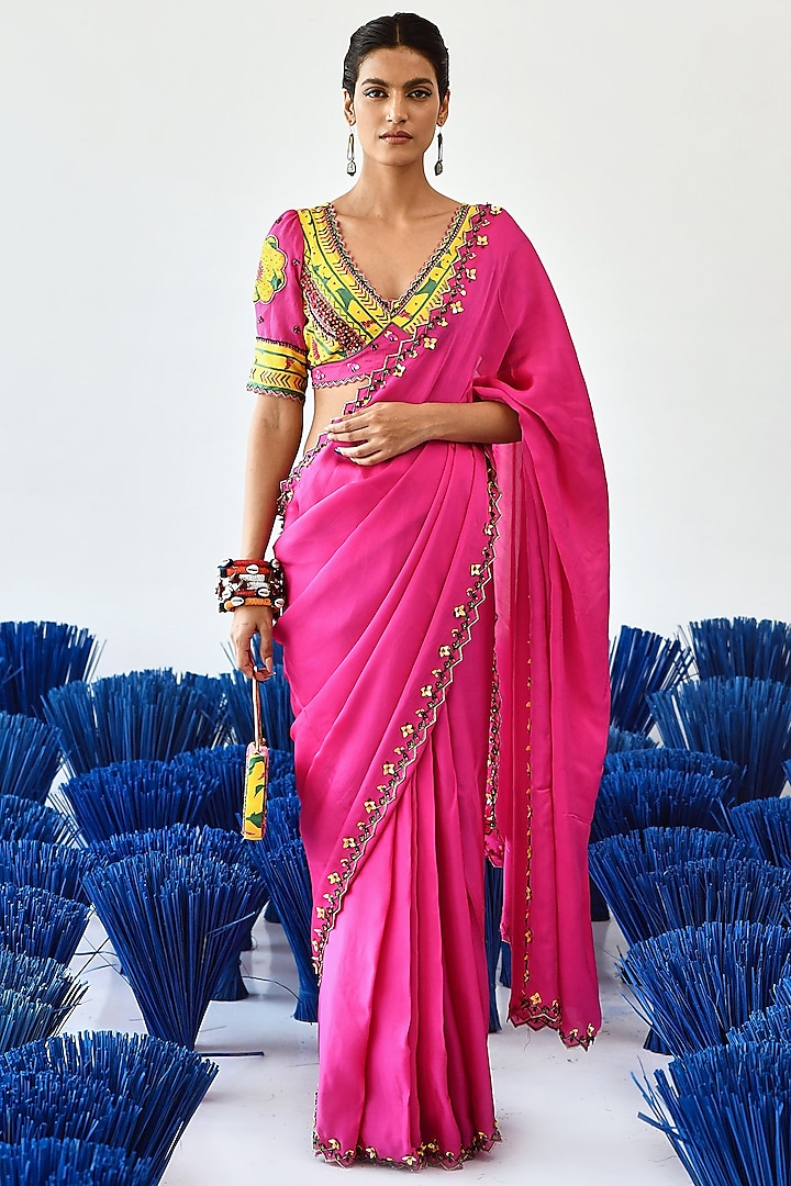 Lavish Pink Satin Organza Embroidered Saree Set by Baise Gaba