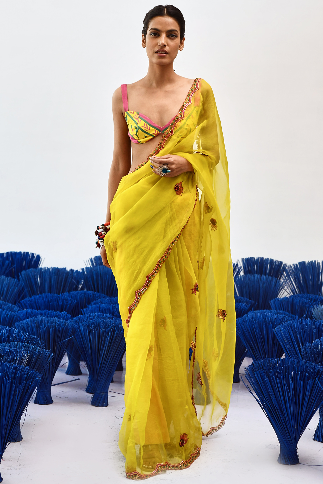 Yellow Satin Organza Embroidered Saree Set by Baise Gaba
