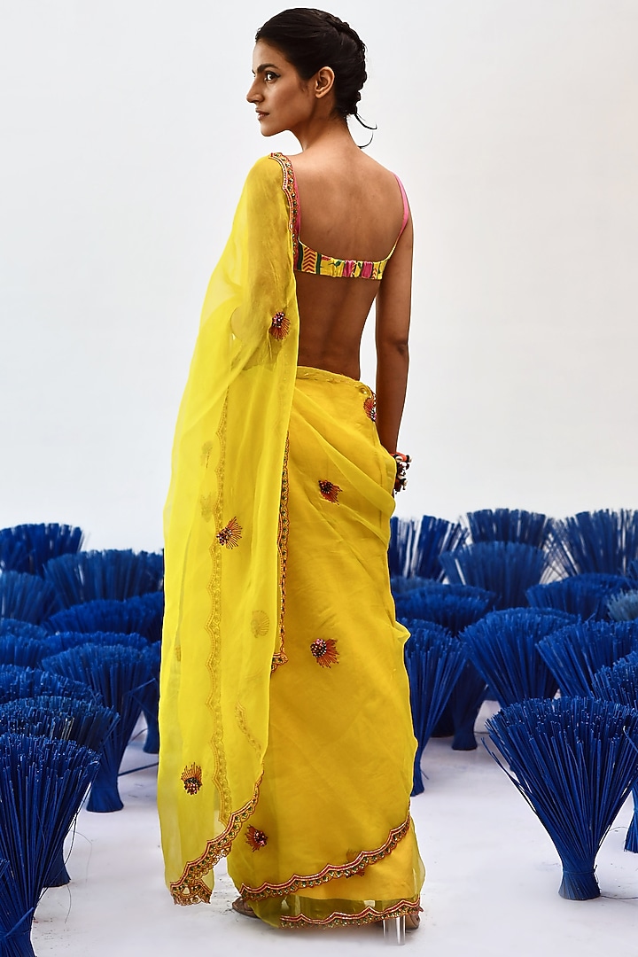 Yellow Satin Organza Embroidered Party Wear Saree Set by Baise Gaba at Pernia's Pop Up Shop