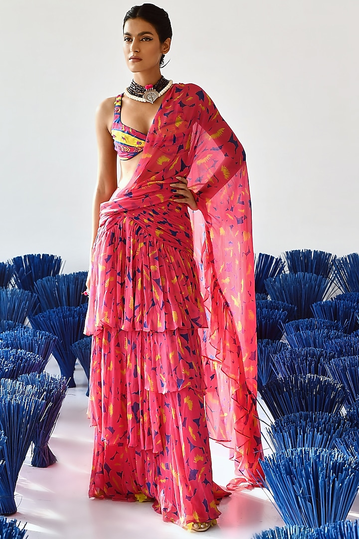 Pink Chiffon Ruffled Pre-Stitched Saree Set by Baise Gaba