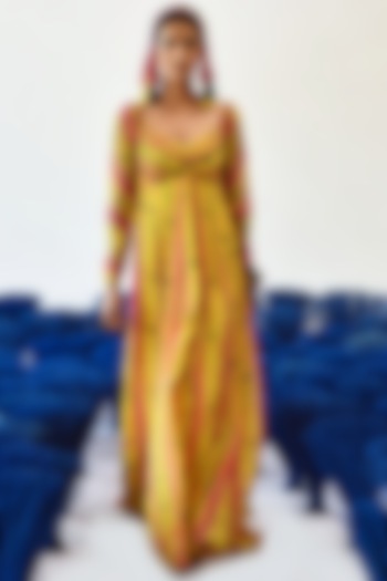 Yellow Chiffon Printed Long Flared Dress by Baise Gaba