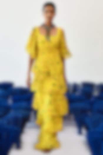Yellow Chiffon Layered Long Dress by Baise Gaba