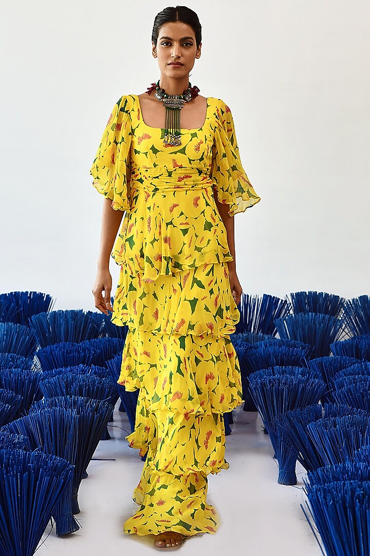 Yellow Chiffon Layered Long Dress by Baise Gaba