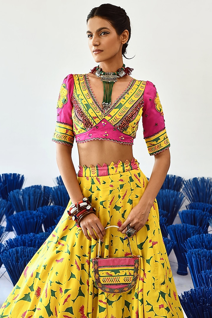 Yellow Modal Satin Embroidered Blouse by Baise Gaba