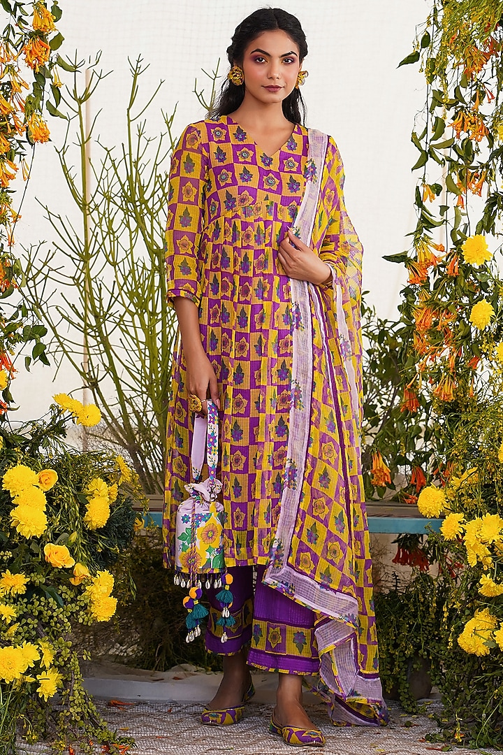 Yellow & Purple Embroidered Kurta Set by Baise Gaba