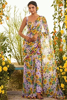 Lavender Chiffon & Cotton Modal Pre-Pleated Saree Set by Baise Gaba-RAKSHA BANDHAN EDIT