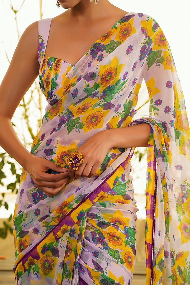 Lavender Chiffon & Cotton Modal Pre-Pleated Festive Saree Set by Baise Gaba at Pernia's Pop Up Shop