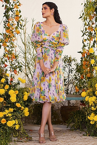 Lavender Knee-Length Gathered Dress by Baise Gaba